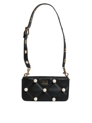 Dolce & Gabbana Black Leather Pearl Embellished Logo Shoulder Bag
