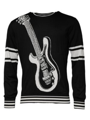 Dolce & Gabbana Black White Guitar Silk Crew Neck Sweater