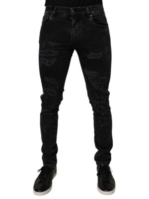 Dolce & Gabbana Black Tattered Cotton Skinny Men Denim Jeans