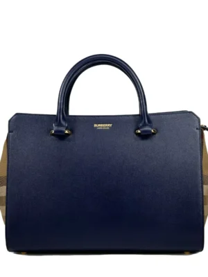 Burberry Small Banwell Leather Tote Bag Purse Blue