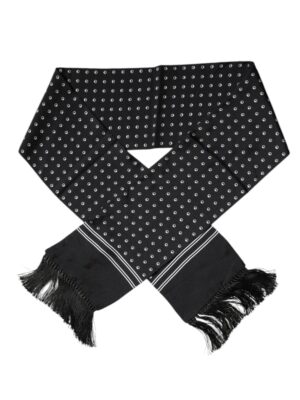 Dolce & Gabbana Black White Polka Dotted Silk Skinny Fringes Scarf