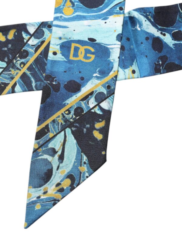 Dolce & Gabbana Blue Marble Print Silk Skinny Foulard Scarf - Image 3