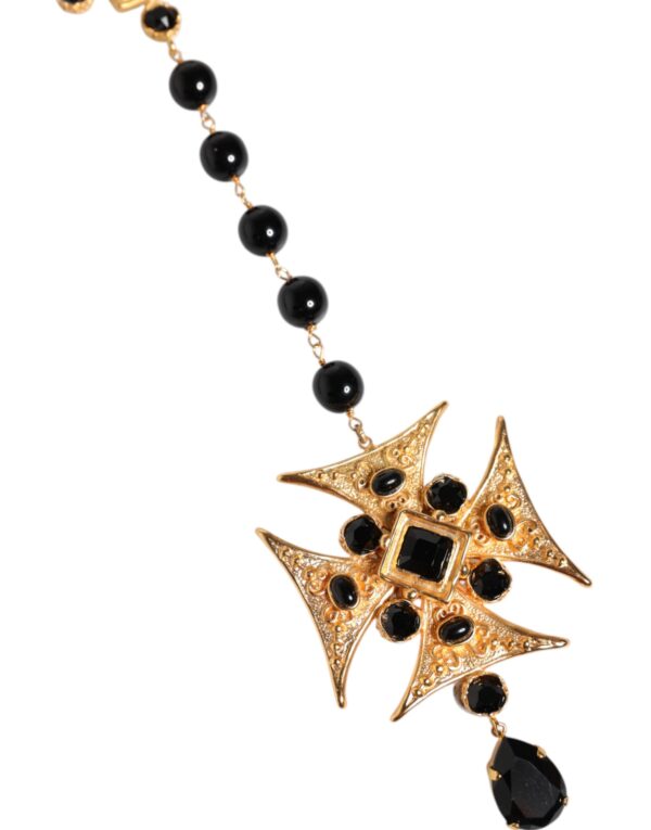 Dolce & Gabbana Gold Tone Brass Cross Black Beaded Chain Rosary Necklace - Image 3
