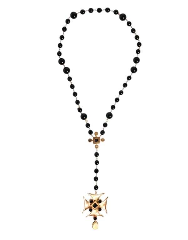 Dolce & Gabbana Gold Tone Brass Cross Black Beaded Chain Rosary Necklace - Image 5