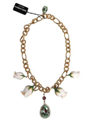 Dolce & Gabbana Gold Brass Short Chain Flower Crystal Pendant Necklace