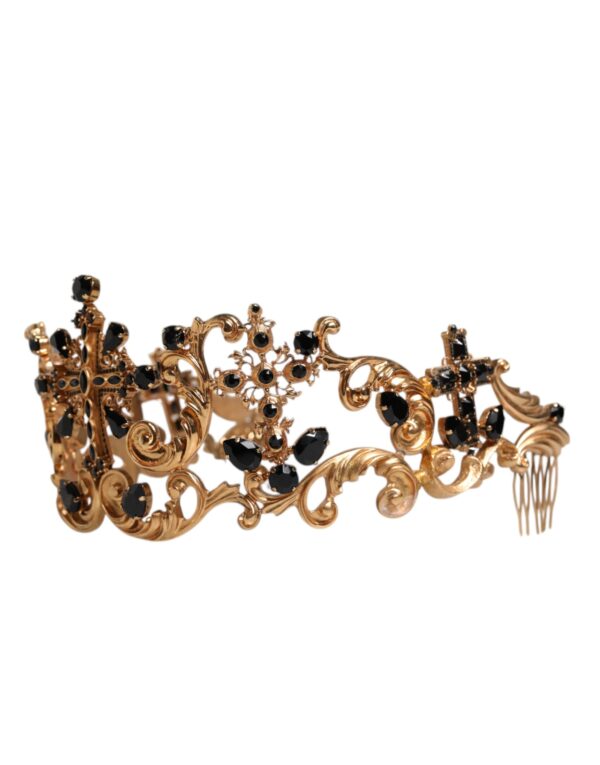 Dolce & Gabbana Gold Tone Brass Cross Crystal Embellished Crown Tiara - Image 7