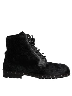 Dolce & Gabbana Black Pony Style Leather Mid Calf Boots Shoes