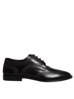 Dolce & Gabbana Black Embroidered Classic Leather Derby Dress Shoes