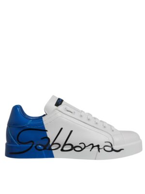 Dolce & Gabbana White Blue Leather Logo Low Top Sneakers Shoes