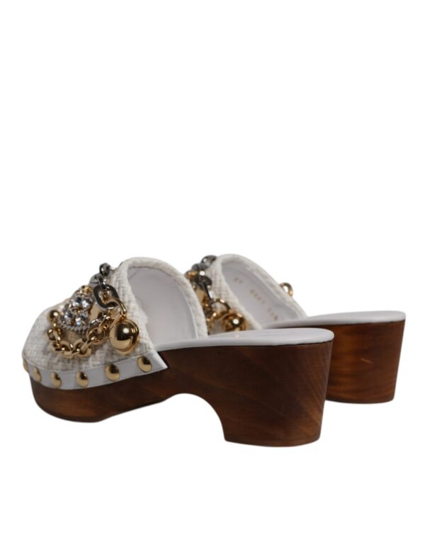Dolce & Gabbana White Raffia Clogs Bejeweled Chain Sandals Shoes - Image 4