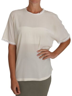 Dolce & Gabbana Cream Silk Lace-Detailed Blouse Top