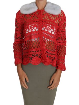Dolce & Gabbana Elegant Red Crochet Knit Cardigan with Fur Collar