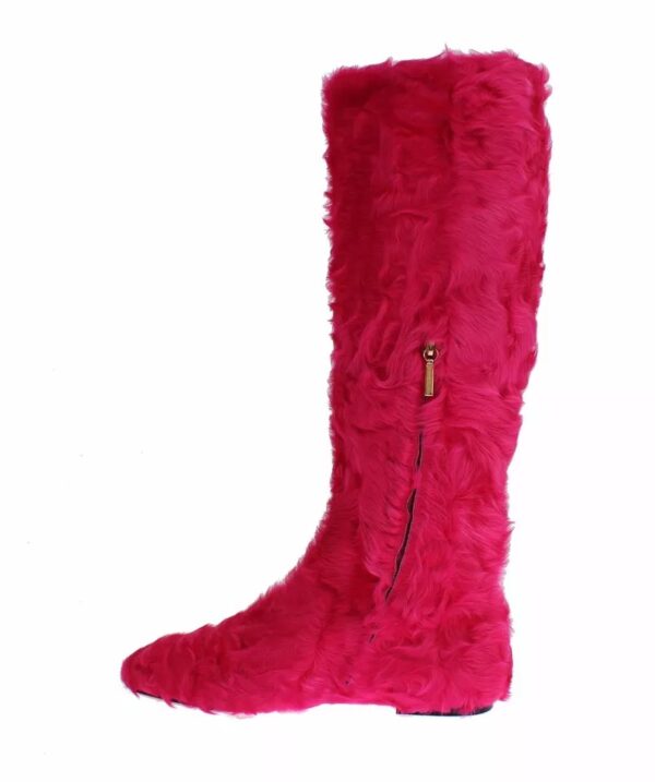 Dolce & Gabbana Pink Lamb Fur Leather Flat Boots Shoes - Image 5