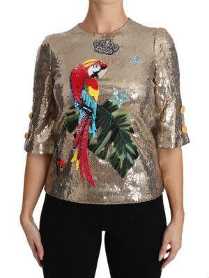Dolce & Gabbana Gold Parrot Motif Crewneck Blouse with Crystals