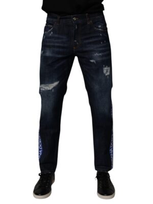 Dolce & Gabbana Dark Blue Cotton Tattered Skinny Denim Jeans