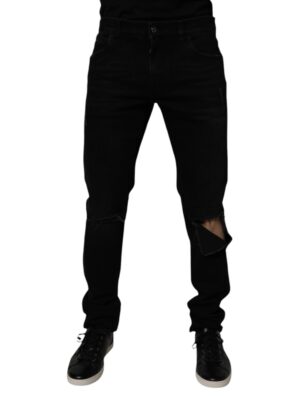 Dolce & Gabbana Black Cotton Tattered Skinny Men Denim Jeans