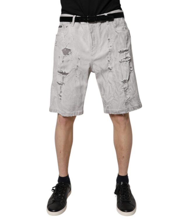Dolce & Gabbana Light Gray Tattered Men Denim Bermuda Shorts - Image 2