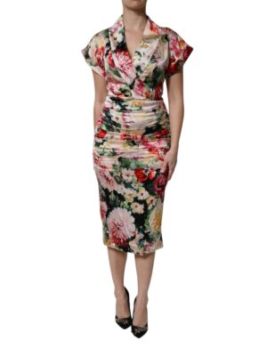 Dolce & Gabbana Multicolor Floral Short Sleeves Sheath Midi Dress