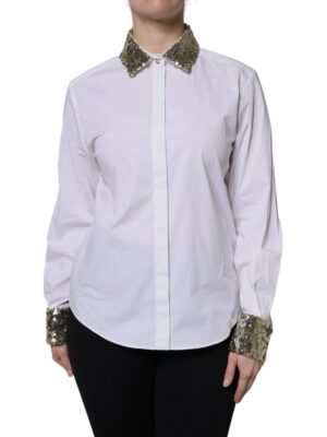Dolce & Gabbana White Cotton Long Sleeves Sequin Shirt Top