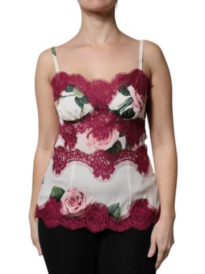 Dolce & Gabbana White Rose Print Satin Lace Tank Top Lingerie