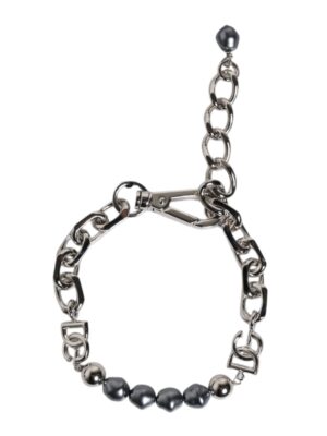 Dolce & Gabbana Silver Tone Chain Lobster Clasp Logo Gray Pearls Bracelet