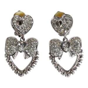 Dolce & Gabbana Silver Heart Bow Rhinestones Dangle Clip-On Earrings