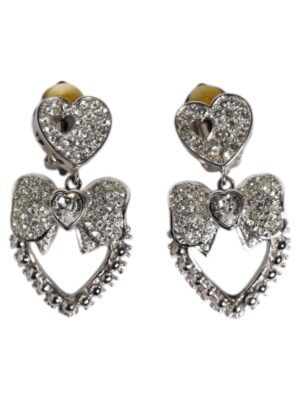 Dolce & Gabbana Silver Heart Bow Rhinestones Dangle Clip-On Earrings