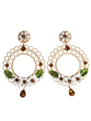 Dolce & Gabbana Gold Floral Filigree Hoop Enamel Amber Crystals Earrings