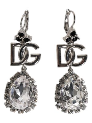 Dolce & Gabbana Silver Brass Crystal Teardrop DG Logo Clip On Earrings