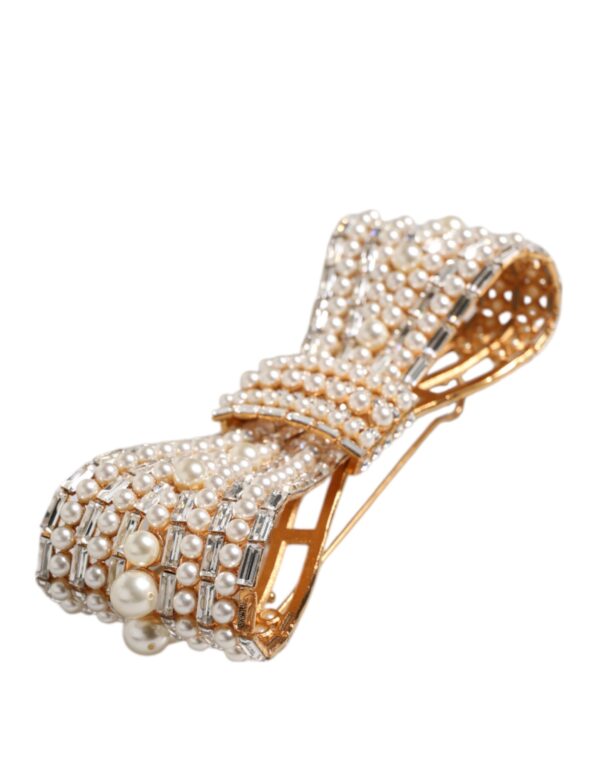 Dolce & Gabbana Gold Tone Brass Bow Crystal FauxPearl Embellished Brooch - Image 3