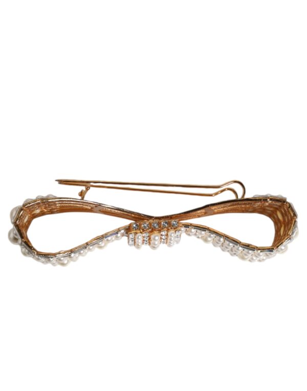 Dolce & Gabbana Gold Tone Brass Bow Crystal FauxPearl Embellished Brooch - Image 4