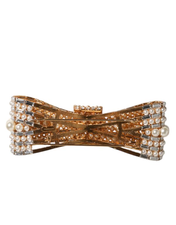 Dolce & Gabbana Gold Tone Brass Bow Crystal FauxPearl Embellished Brooch - Image 5