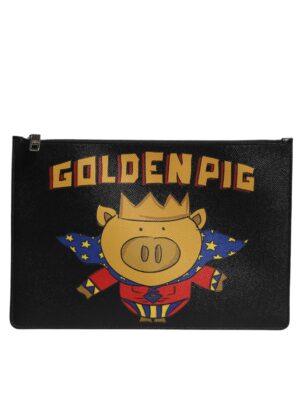 Dolce & Gabbana Black Leather Golden Pig Print Logo Plaque Men Pouch Bag