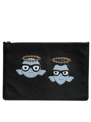 Dolce & Gabbana Black Leather #DGFAMILY Embellished Men Zip Pouch Bag
