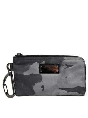 Dolce & Gabbana Black Gray Camouflage Logo Plaque Keyring Pouch Bag