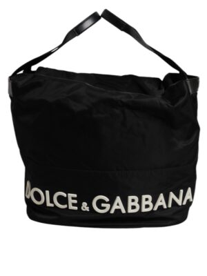 Dolce & Gabbana Black Nylon White Iconic Logo Shoulder Bucket Bag