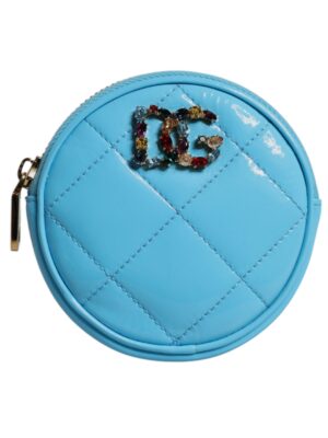 Dolce & Gabbana Light Blue Lamb Leather DG Crystal Round Coin Purse Wallet