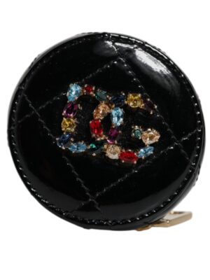 Dolce & Gabbana Black Lamb Leather DG Crystal Round Coin Purse Wallet