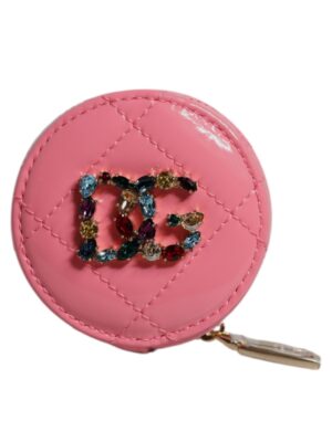 Dolce & Gabbana Pink Lamb Leather DG Crystal Round Coin Purse Wallet