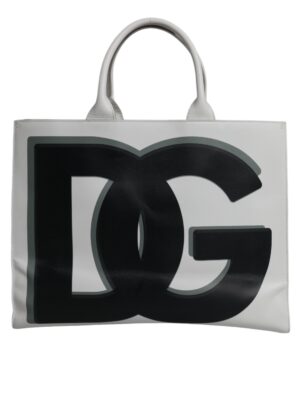 Dolce & Gabbana White Logo Print DG Daily Calfskin Shopping Tote Bag