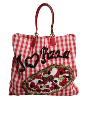 Dolce & Gabbana Red Checkered Embellished Shopping Tote Cotton Bag
