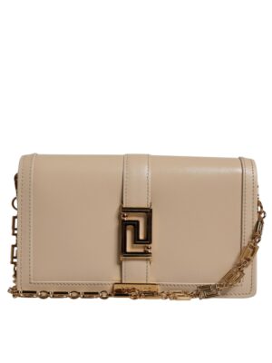 Versace Beige Gold Chain Calf Leather Wallet Crossbody Bag