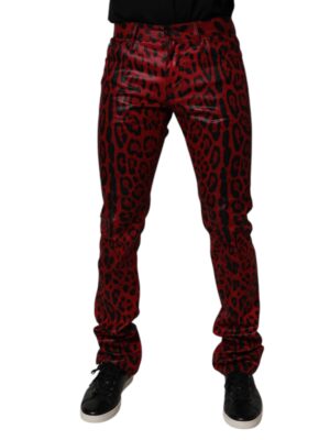 Dolce & Gabbana Red Leopard Cotton Slim Fit Denim Jeans