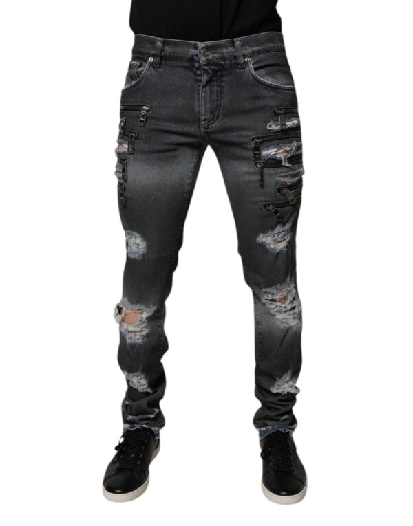Dolce & Gabbana Dark Gray Tattered Cotton Skinny Denim Jeans - Image 2