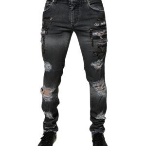 Dolce & Gabbana Dark Gray Tattered Cotton Skinny Denim Jeans
