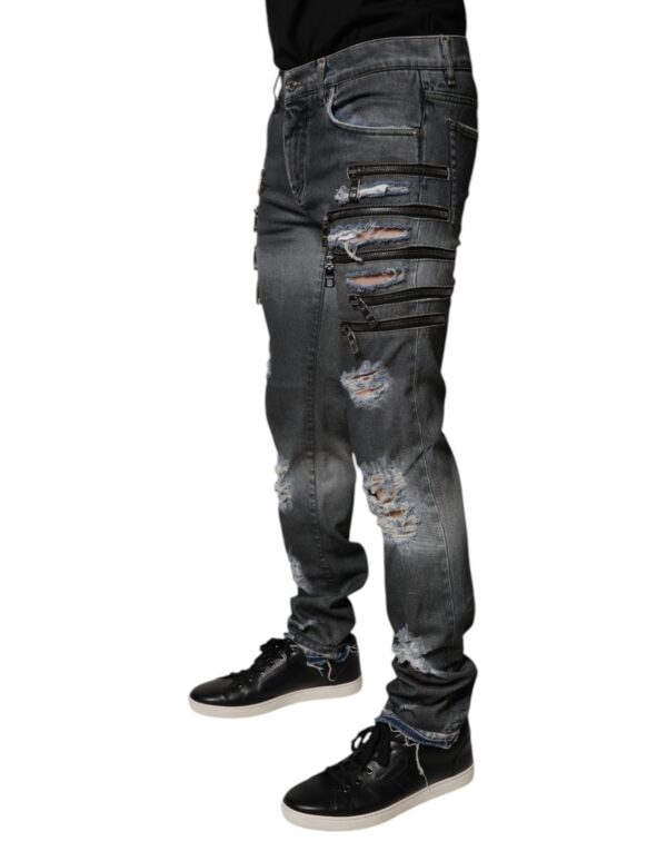 Dolce & Gabbana Dark Gray Tattered Cotton Skinny Denim Jeans - Image 3