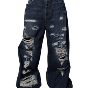 Dolce & Gabbana Dark Blue Tattered Wide Leg Men Denim Jeans