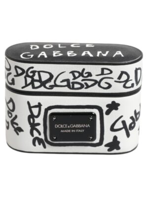 Dolce & Gabbana Black White Leather Scribble Embossed Logo Airpods Case