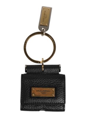 Dolce & Gabbana Black Leather Strap Gold Metal Logo Plaque Airpods Case