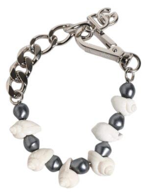 Dolce & Gabbana Silver Tone Brass Beaded Shell DG Logo Pendant Bracelet